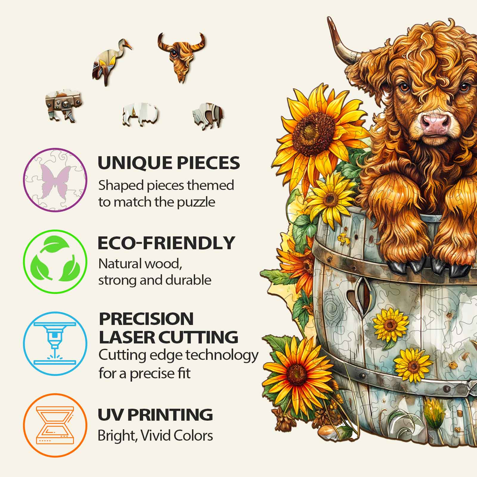 Sunflower Pasture-2 jigsaw puzzle features unique shapes, eco-friendly materials, precision laser cutting, and vibrant UV printing.