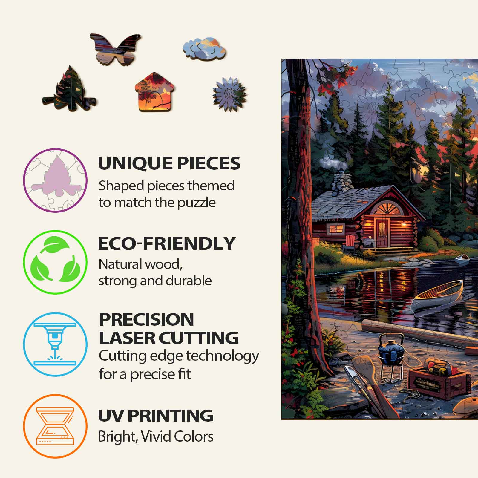 Canoe Lake-1 Wooden Jigsaw Puzzle features unique, eco-friendly pieces with precision laser cutting and vibrant UV printing.
