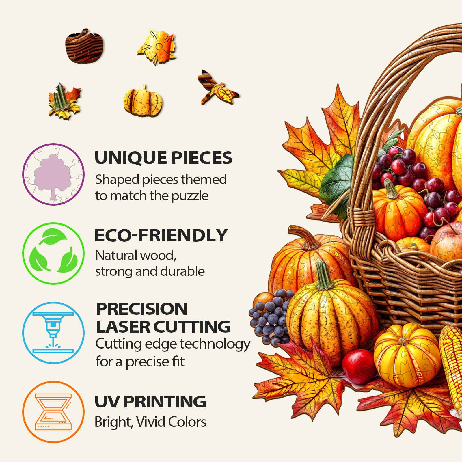 Autumn Wooden Jigsaw Puzzle features unique, eco-friendly pieces with precision laser cutting and vibrant UV printing.