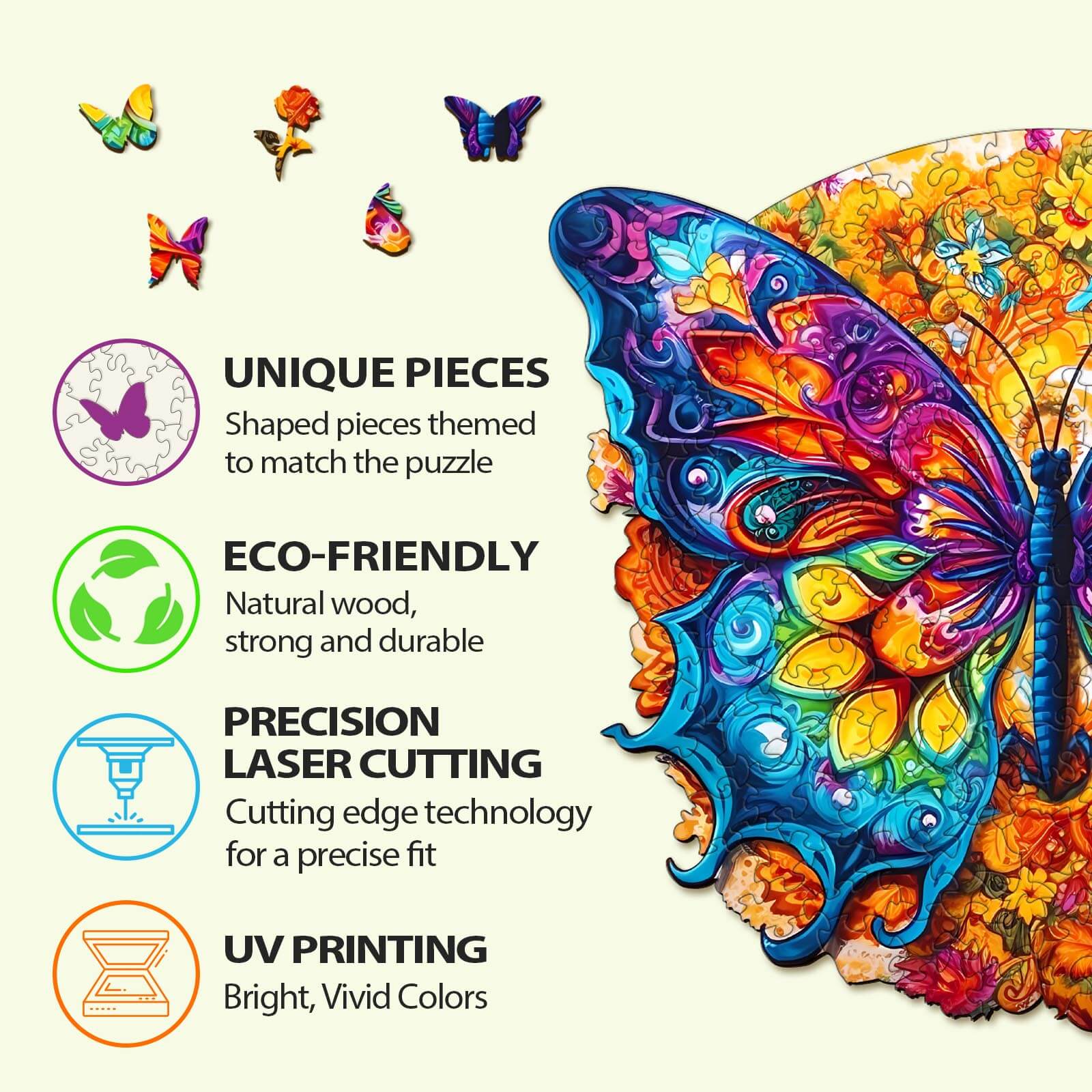Mandala Butterfly-3 wooden jigsaw puzzle features unique eco-friendly pieces with precision laser cutting and UV printing.
