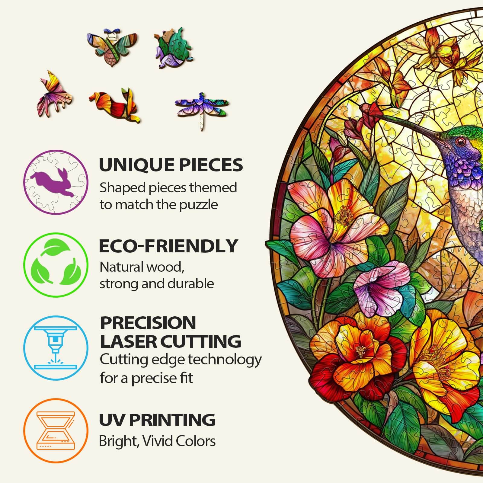 Stained Glass Hummingbird puzzle features unique eco-friendly pieces, precision laser cutting, and vibrant UV printing.