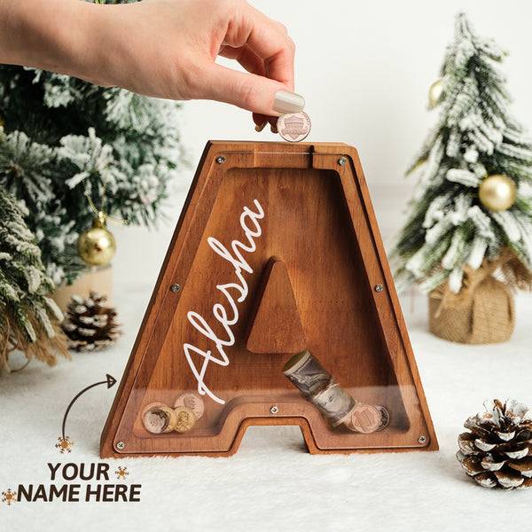 Custom wooden letter piggy bank with personalized name for boys and girls, teaching financial awareness.