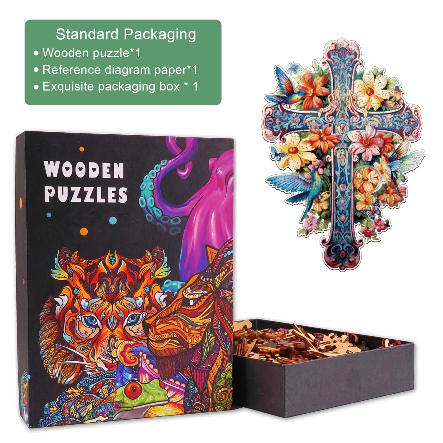 Blessing Cross-1 wooden jigsaw puzzle in vibrant packaging with artistic designs, featuring unique puzzle pieces.