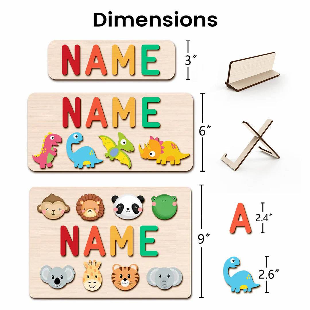 Personalized Wooden Baby Name Puzzle dimensions with colorful letters and animal icons for a whimsical touch.