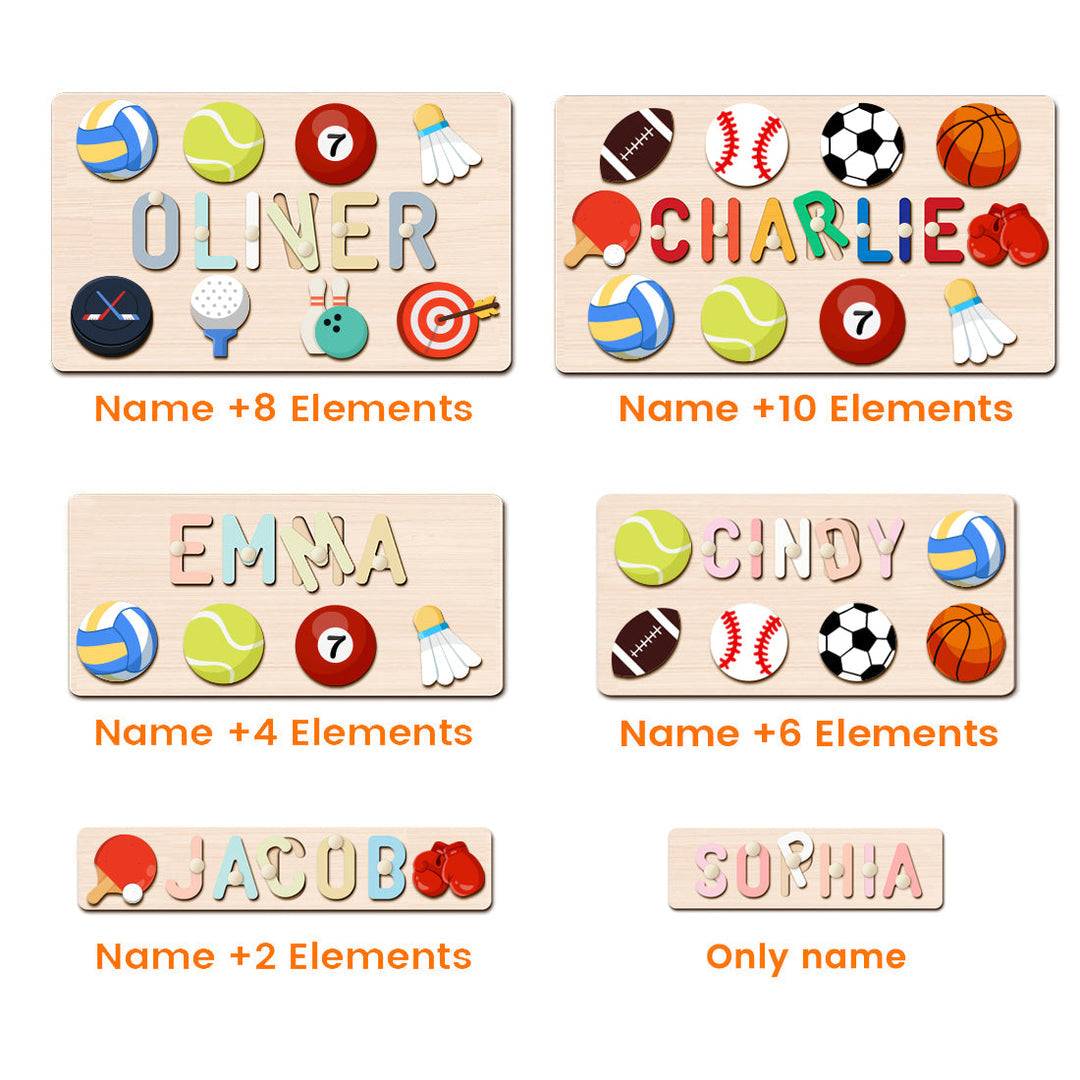 Personalized wooden name puzzles featuring various sports elements for children.
