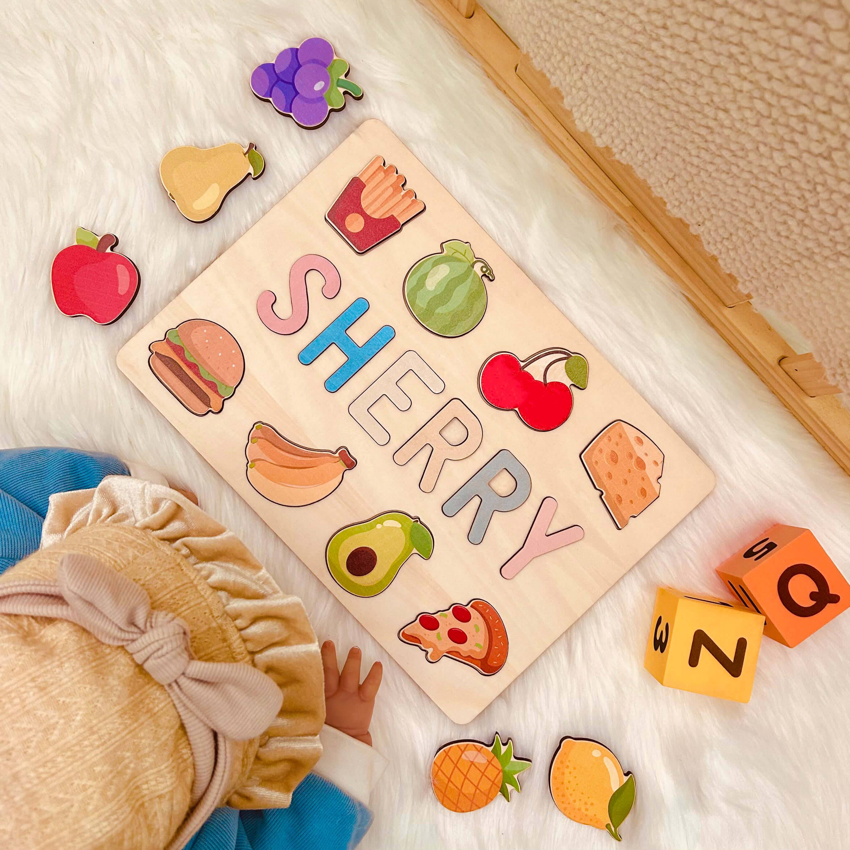 Personalized wooden baby name puzzle with food icons spelling 'Sherry', featuring eco-friendly materials and vibrant colors.