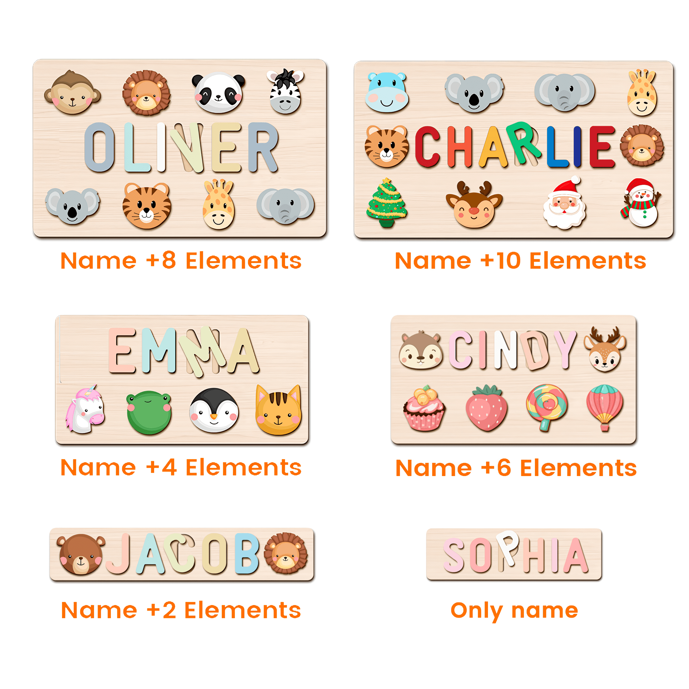 Personalized wooden baby name puzzles featuring names Oliver, Charlie, Emma, Cindy, Jacob, and Sophia with various cute animal designs.