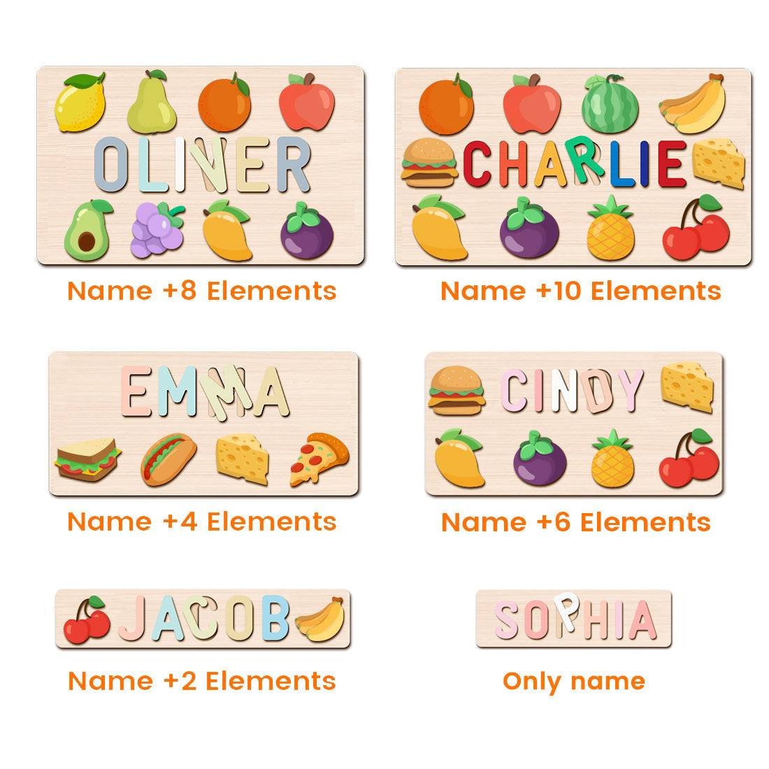Colorful personalized wooden name puzzles with food-themed elements for children, featuring names like Oliver and Charlie.