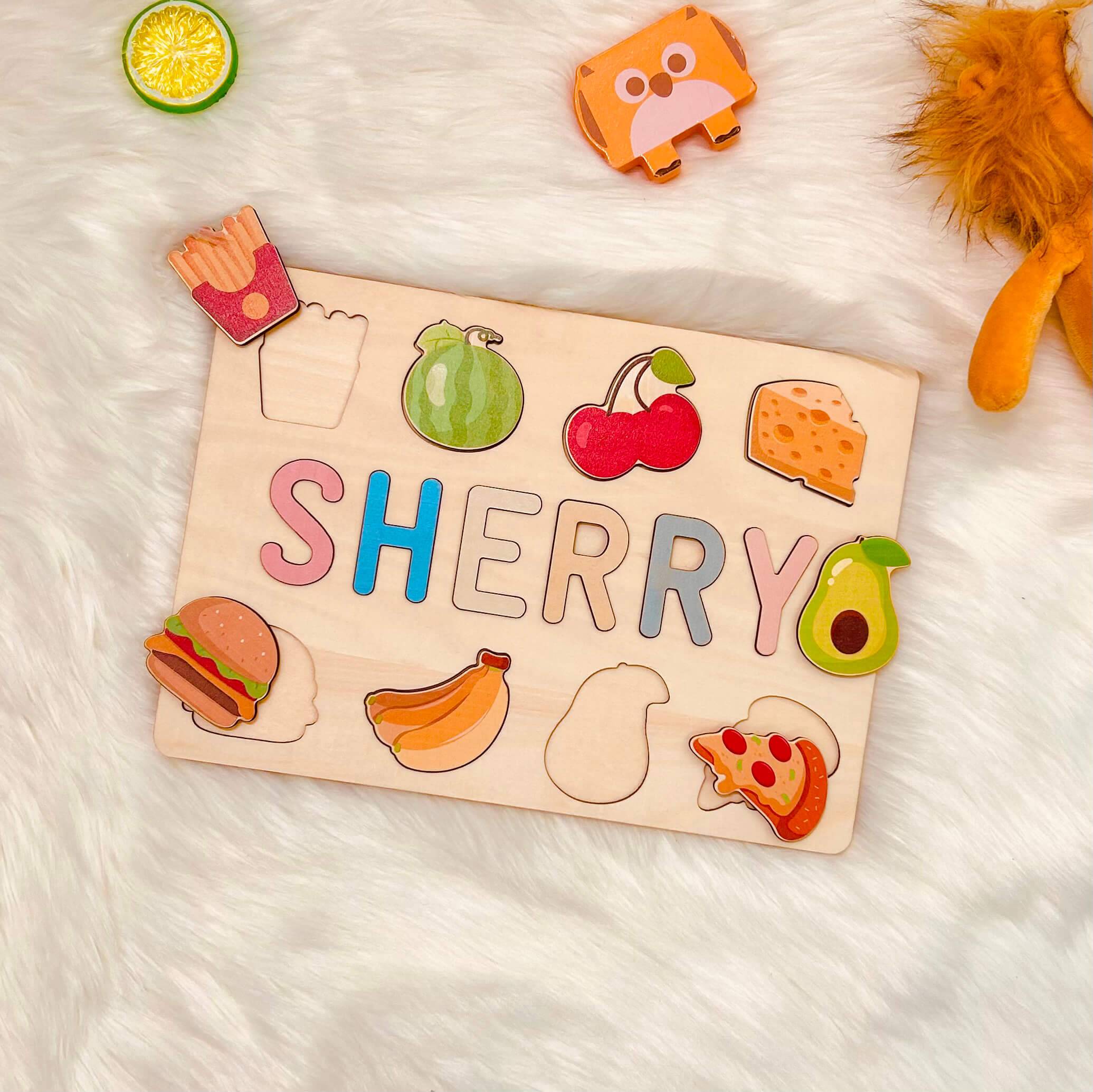 Personalized wooden name puzzle 'SHERRY' with colorful food icons, eco-friendly design for kids.