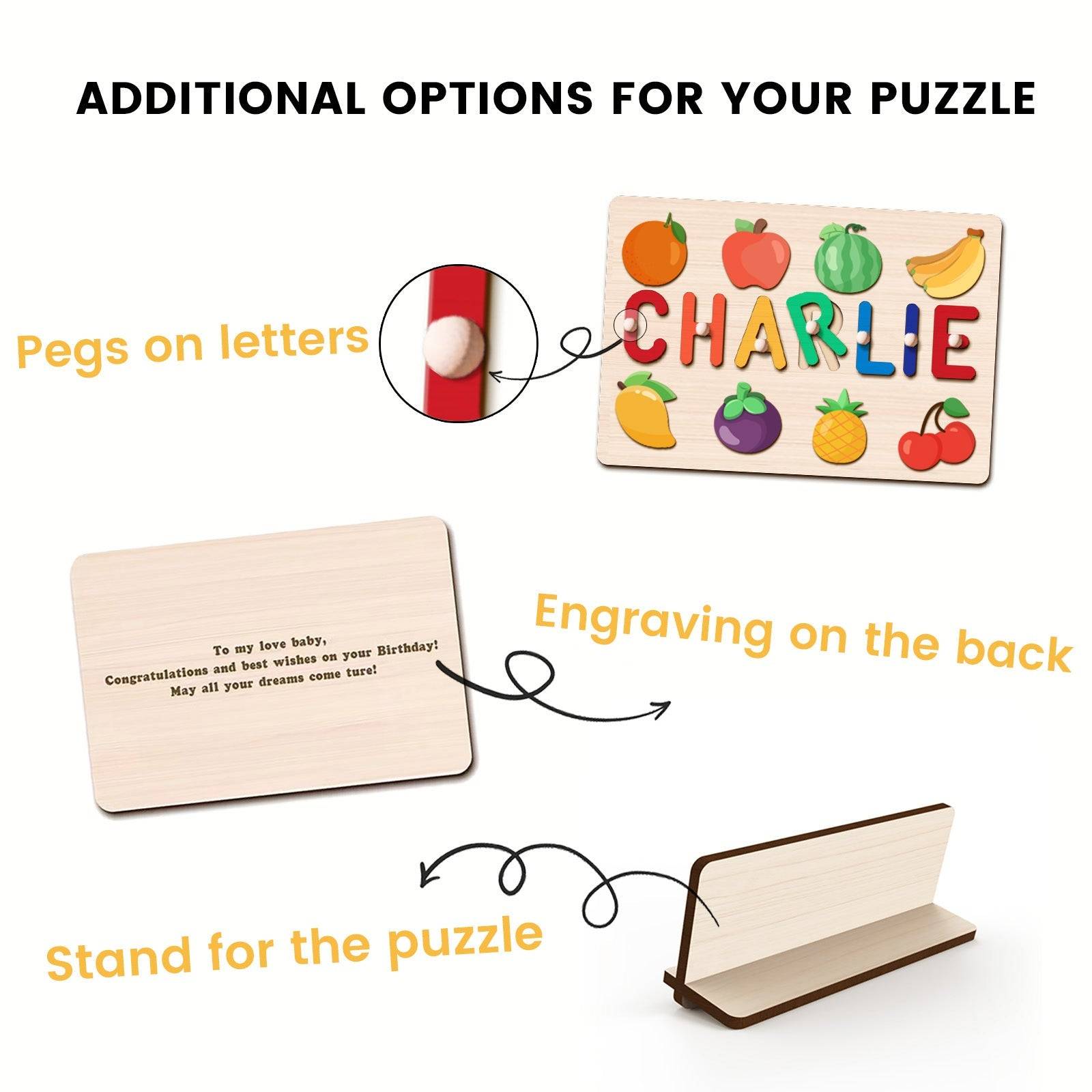 Personalized wooden baby name puzzle options, including pegs, engraving, and puzzle stand.