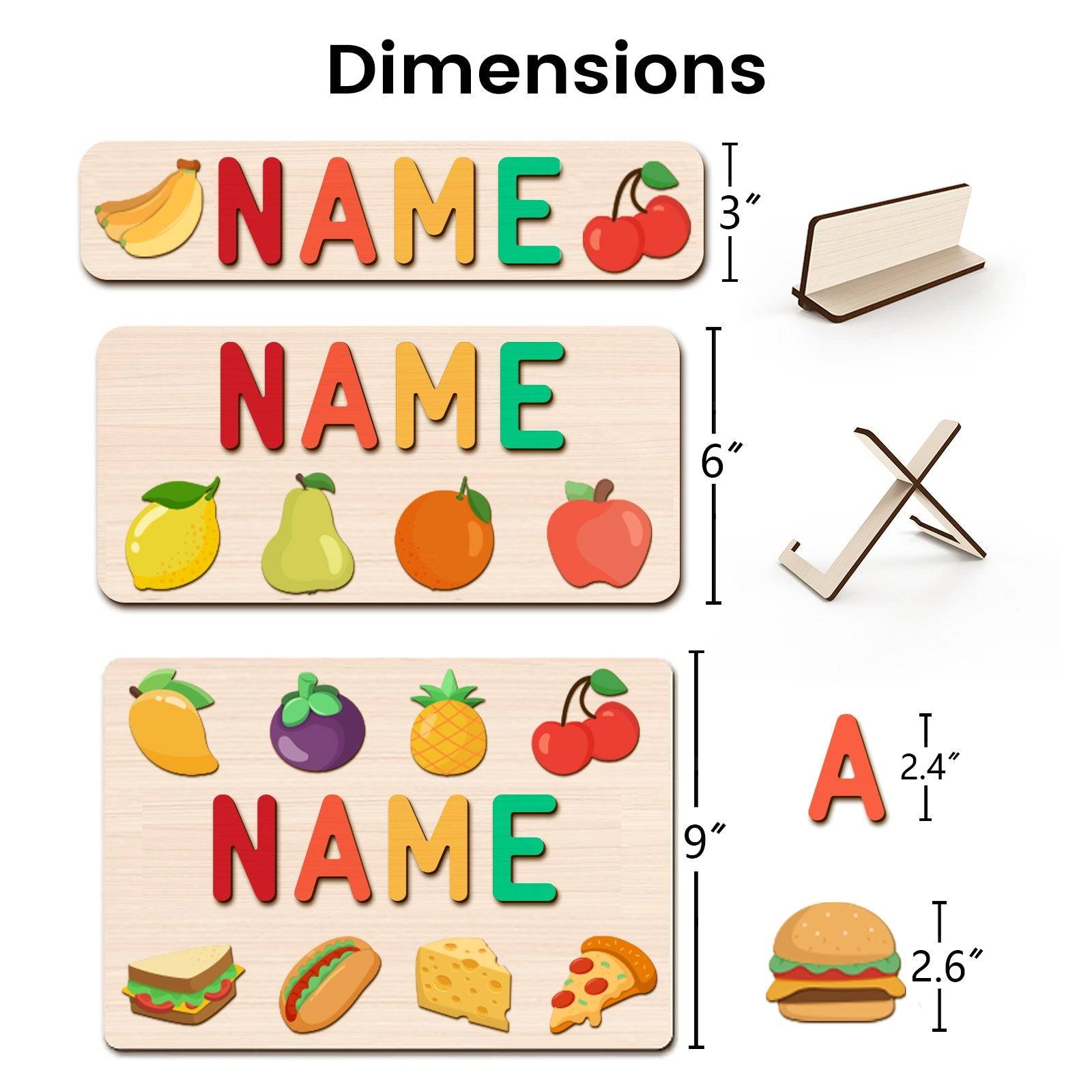 Dimensions of personalized wooden baby name puzzle with colorful fruit characters and vibrant letters.