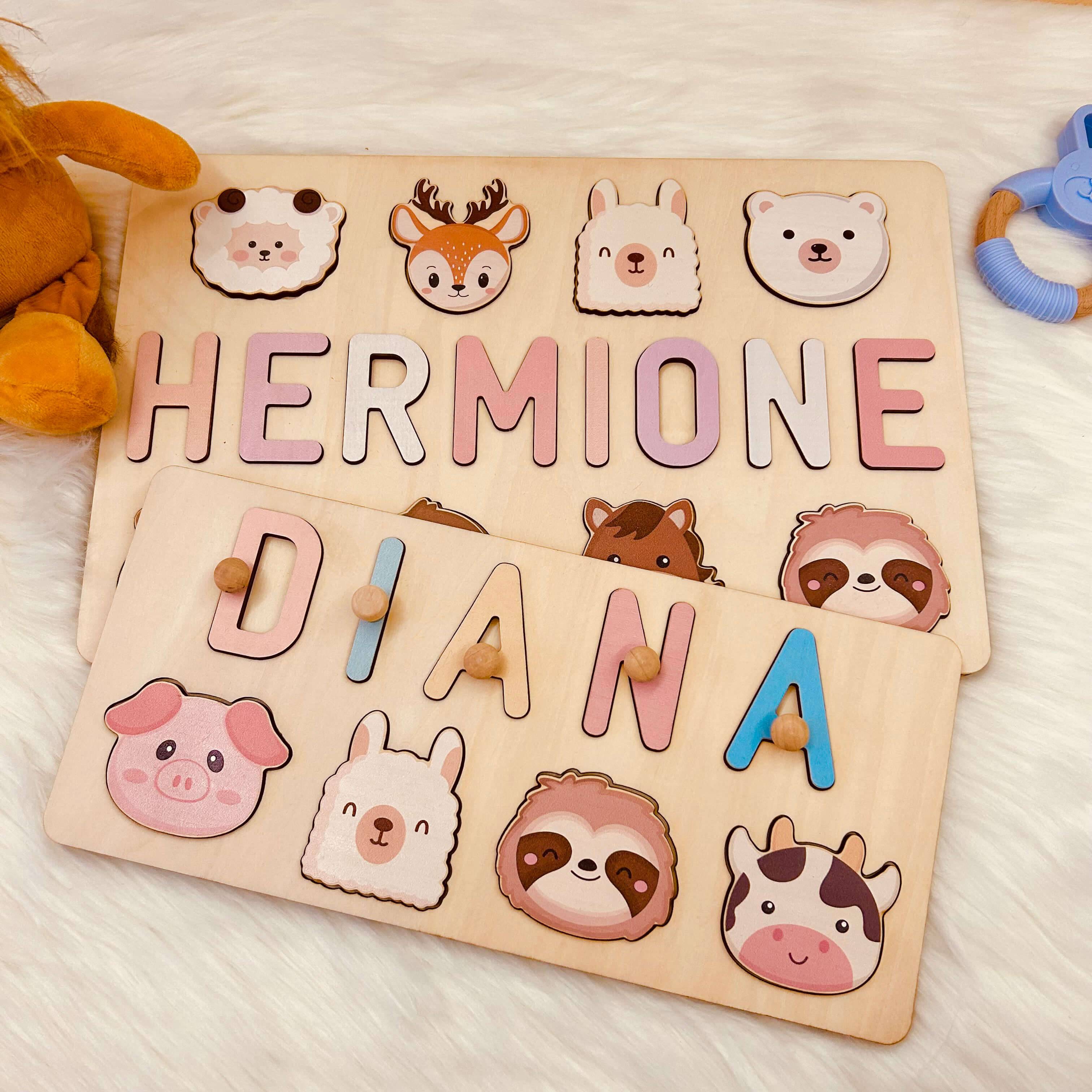 Personalized wooden name puzzle for children with cute animal graphics and pastel letters, perfect for learning.