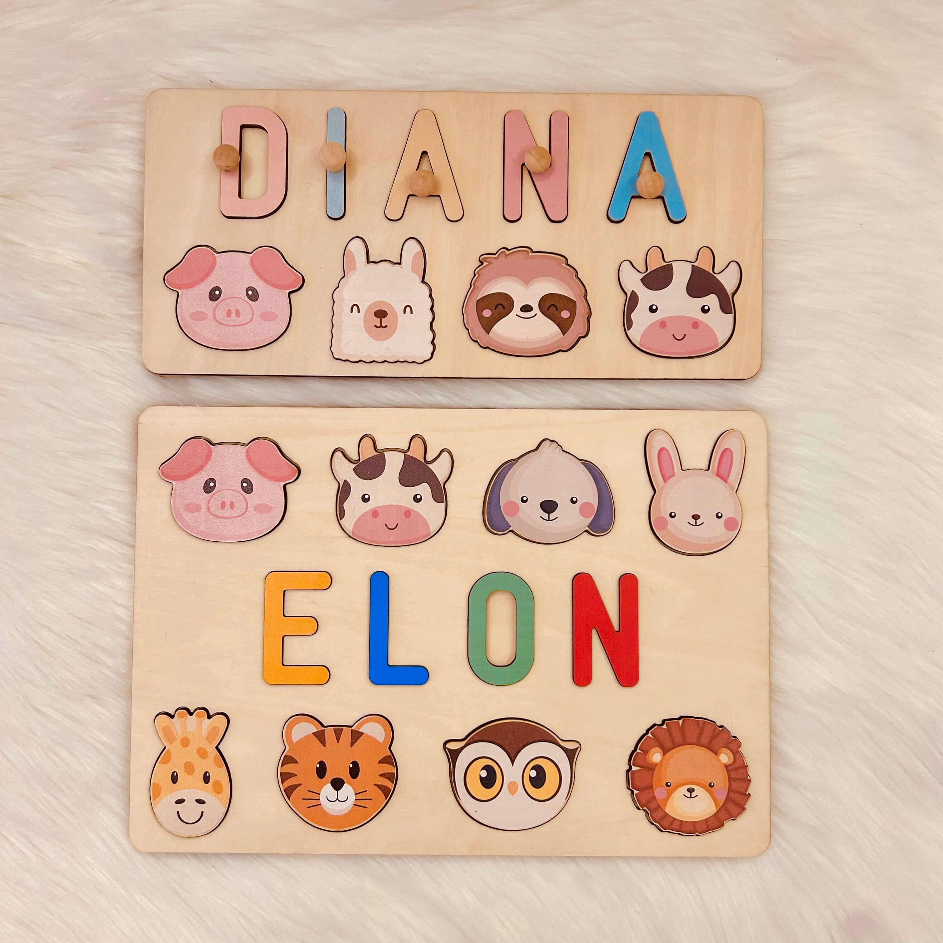 Personalized wooden name puzzle featuring the names Diana and Elon with colorful animal graphics.