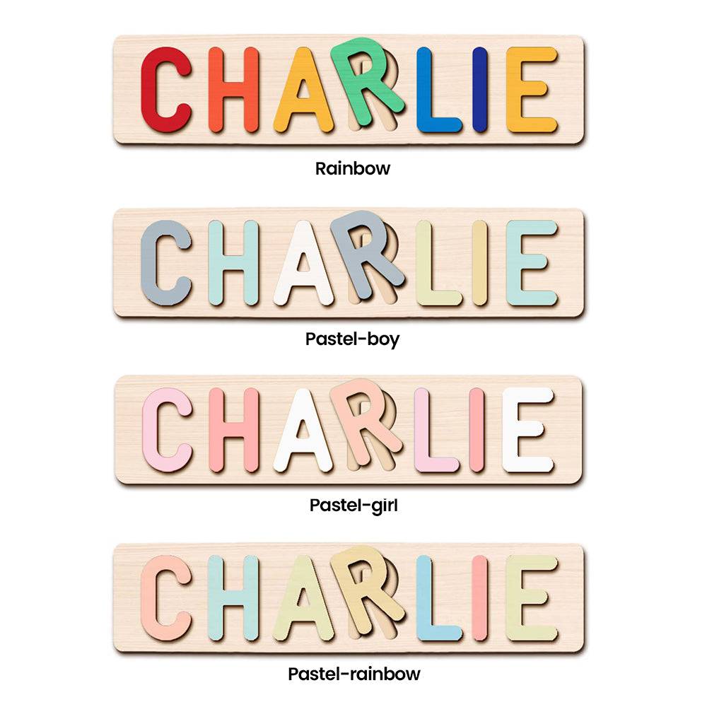 Personalized wooden name puzzle for Charlie in rainbow and pastel colors, eco-friendly and non-toxic.