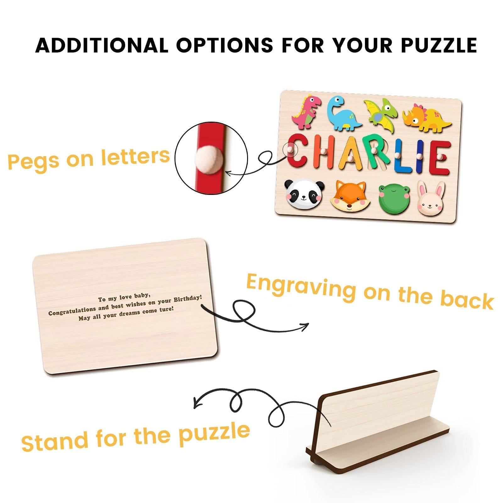 Personalized wooden name puzzle options: pegs, engraving, and stand for kids' play and learning, eco-friendly design.