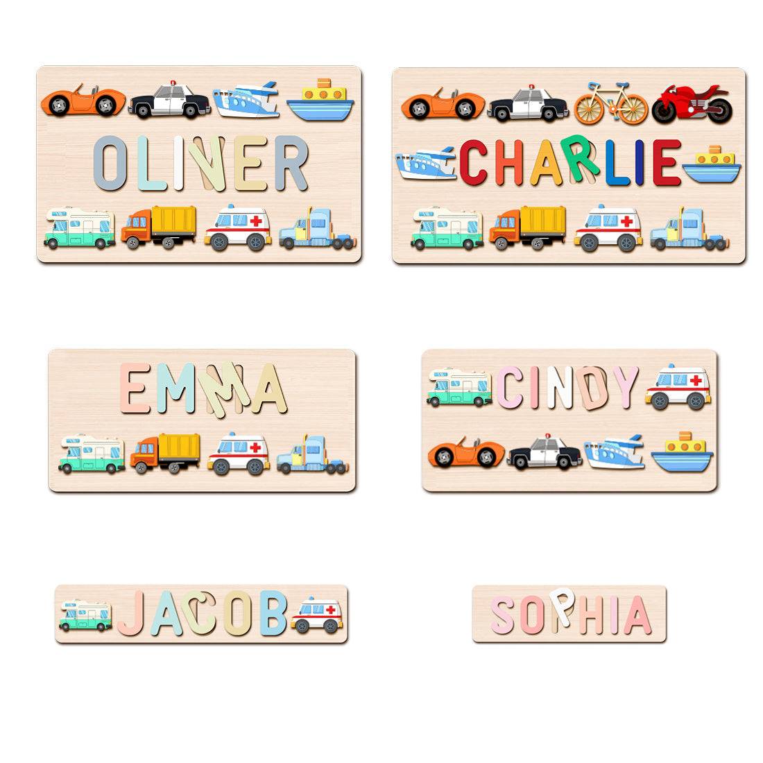 Personalized wooden name puzzles for children featuring traffic-themed designs in colorful letters.