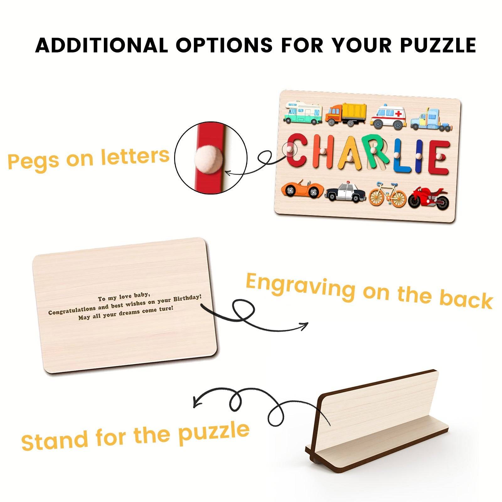 Personalized wooden name puzzle with traffic design, pegs on letters, engraving options, and stand for display.