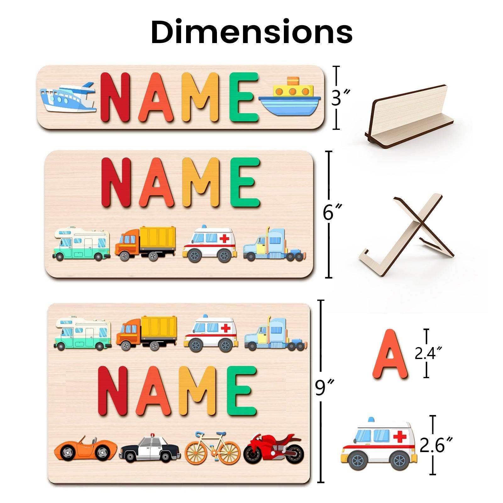 Dimensions of Personalized Wooden Baby Name Puzzle with colorful letters and vehicle graphics.
