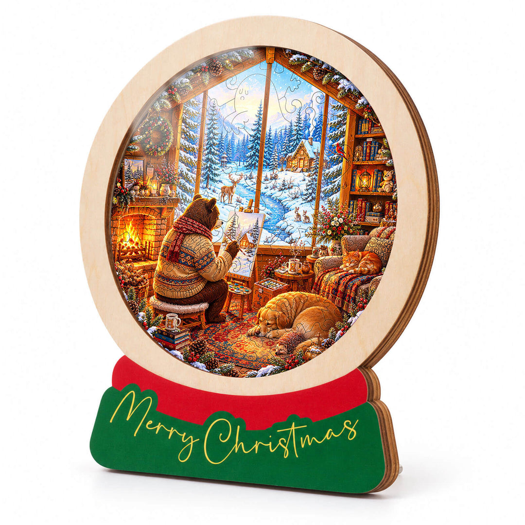 Magnetic Frame Wooden Puzzle - Winter Painter's Cabin