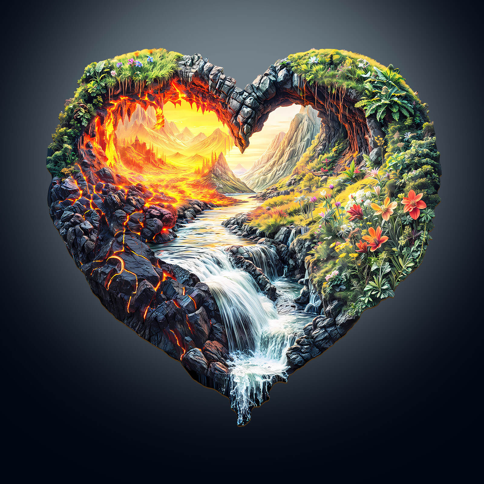 A heart-shaped landscape featuring a vibrant river, lush greenery, and fiery mountains, symbolizing harmony in nature.