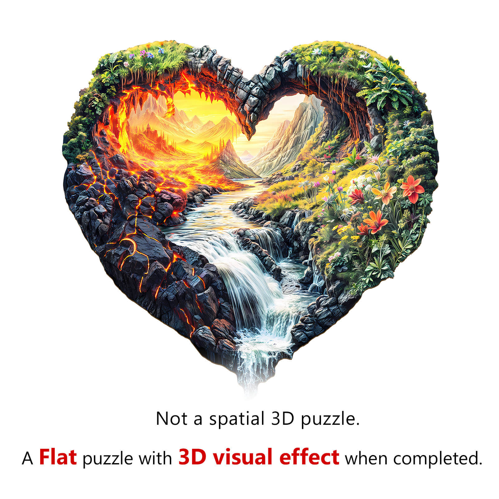 ETERNAL FLOW Wooden Jigsaw Puzzle featuring vibrant nature scene in heart shape with 3D visual effect.