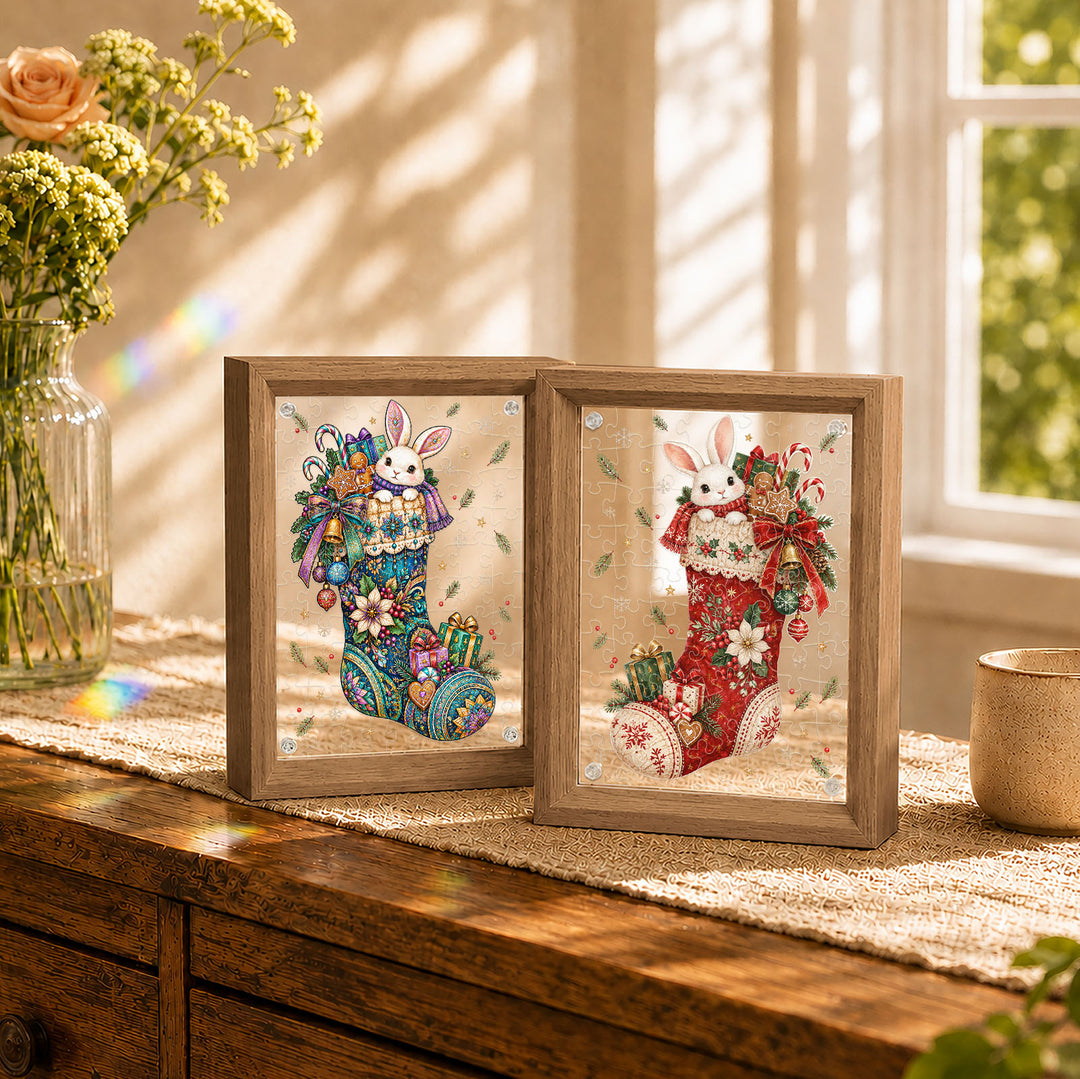 Double Sided Acrylic Jigsaw - Little Bunny in Christmas Stocking