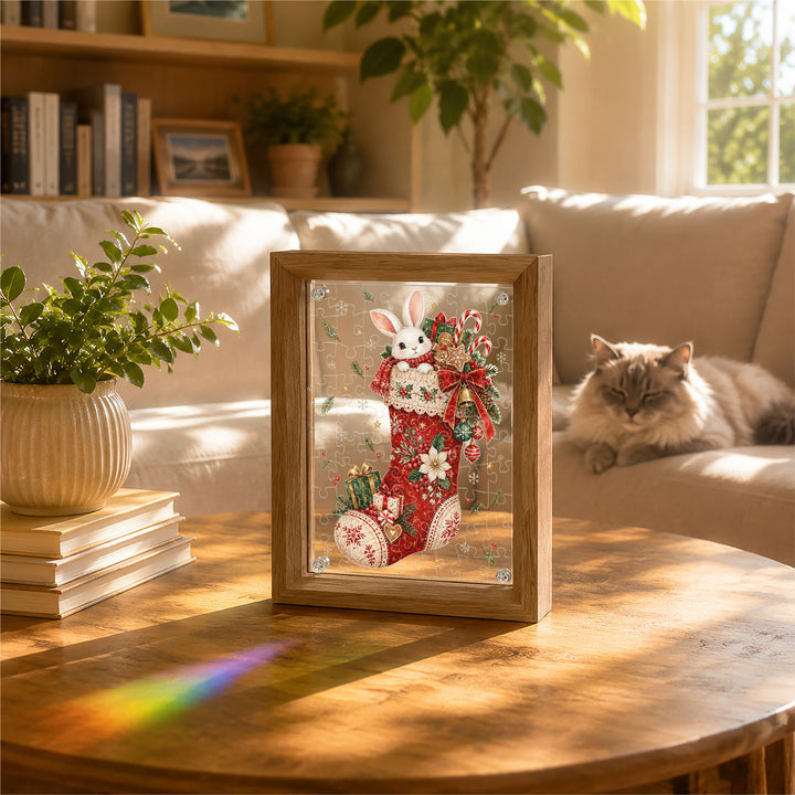 Double Sided Acrylic Jigsaw - Little Bunny in Christmas Stocking