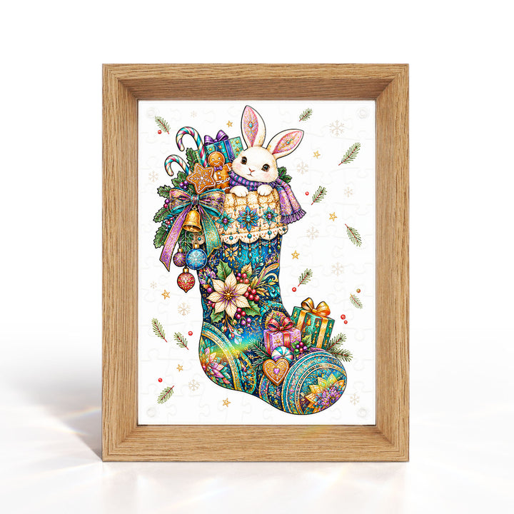Double Sided Acrylic Jigsaw - Little Bunny in Christmas Stocking