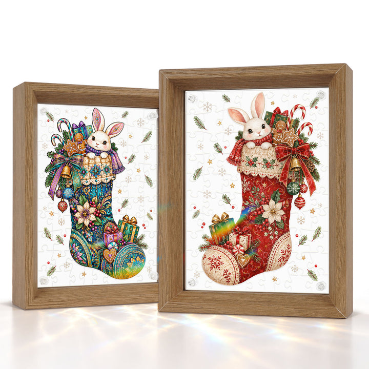 Double Sided Acrylic Jigsaw - Little Bunny in Christmas Stocking