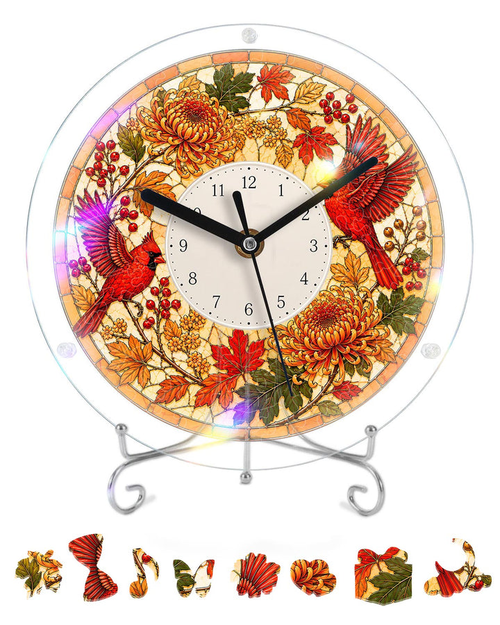 DIY Acrylpuzzle-Uhr Bausatz - Herbst Kardinäle Laub