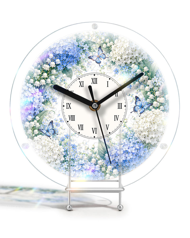 Kit d'horloge de puzzle en acrylique à monter soi-même - Jardin d'hortensias bleus