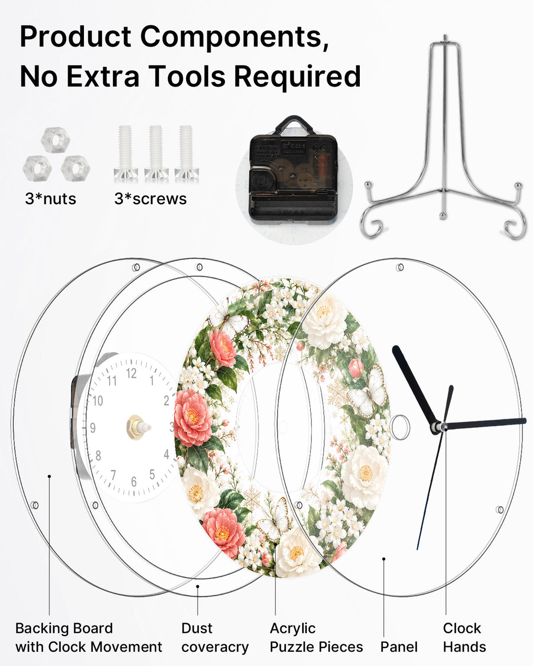 Kit DIY Horloge Puzzle Acrylique - Roses Roses et Blanches