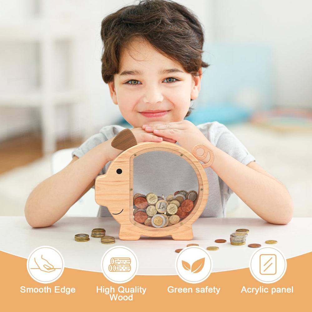 Child enjoying a personalized wooden piggy bank, showcasing smooth edges and high-quality wood for safe saving.