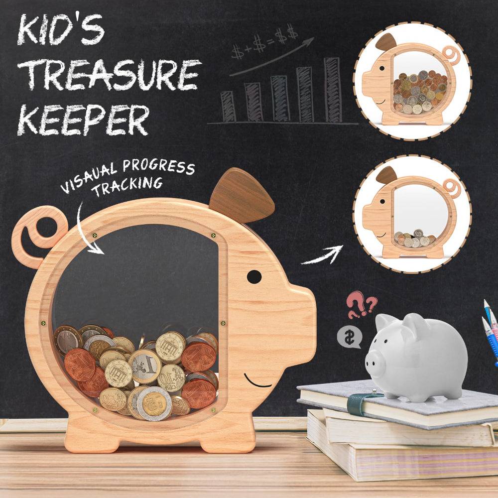 Personalized wooden piggy bank for kids with clear viewing, educational saving tracker, and durable design.