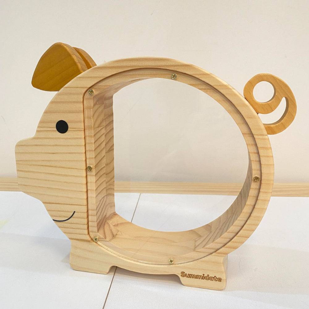 Personalized wooden pig piggy bank for kids, made of natural wood, non-toxic, and safe for 3+ year-olds.