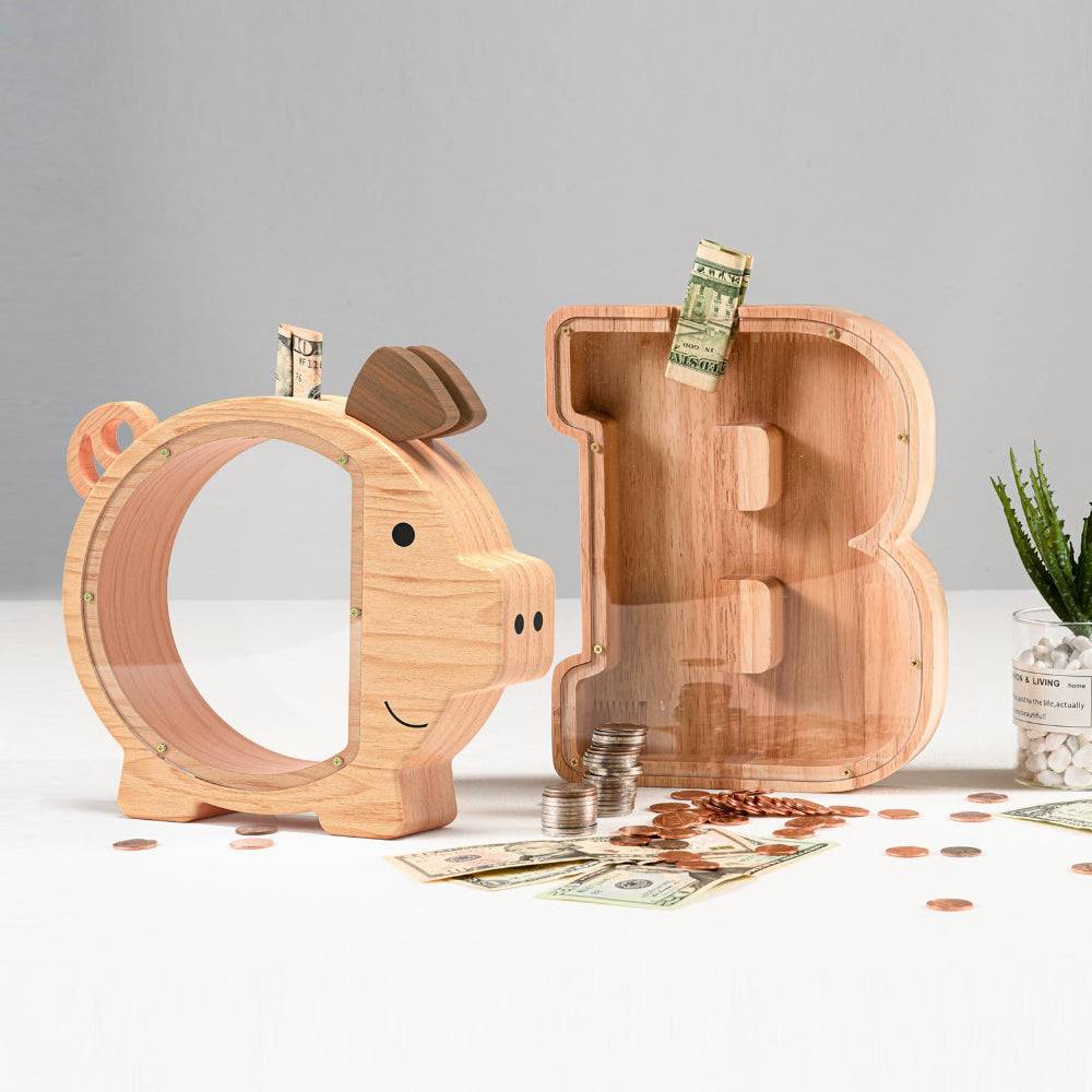 Personalized wooden pig piggy bank shaped as letter B, safe for kids, promotes savings and financial education.