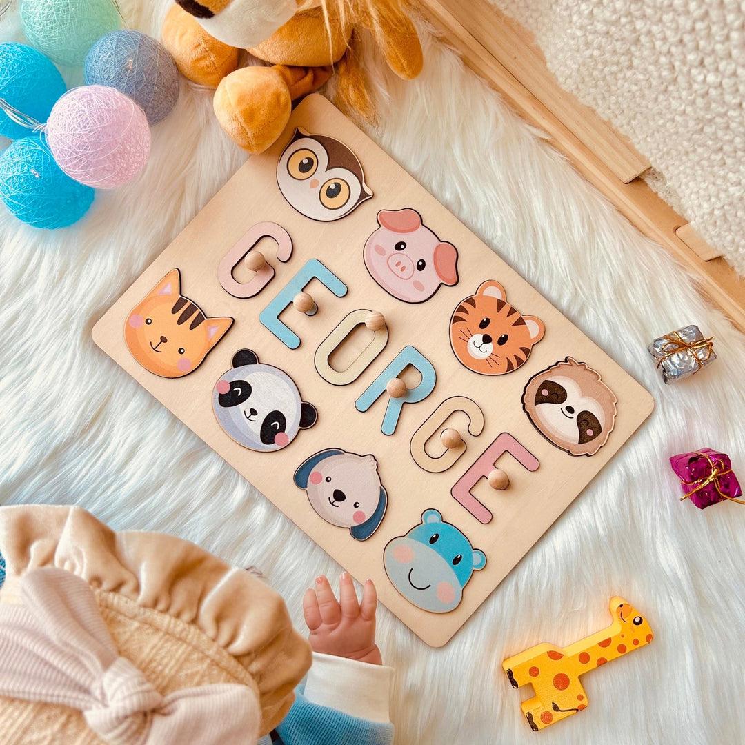 Personalised Wooden Baby Name Puzzle with Handle-Woodbests