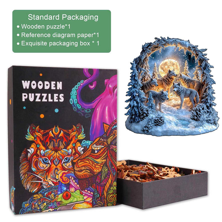 Snowy Night Wolf Pack Wooden Jigsaw Puzzle