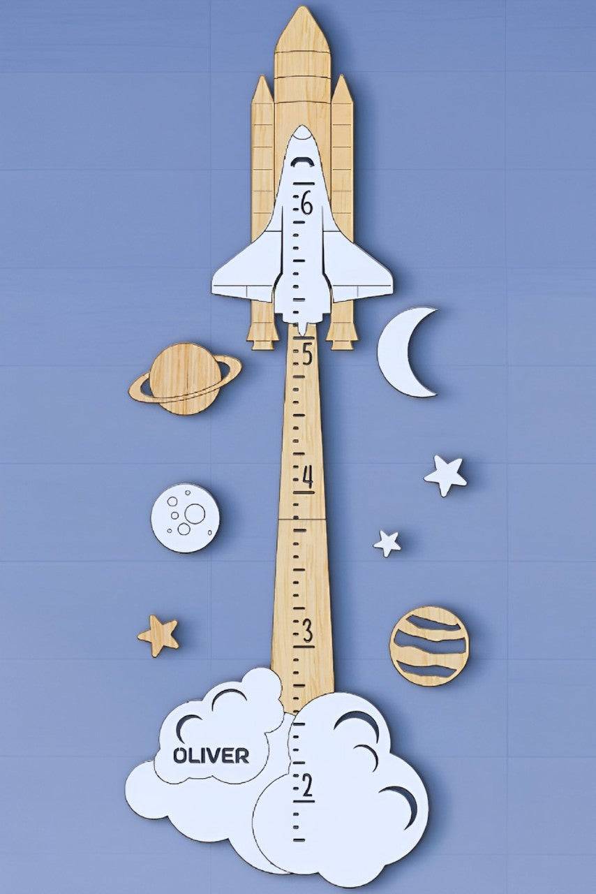 Personalized wooden rocket growth chart featuring a customizable name, vibrant colors, and playful celestial designs.