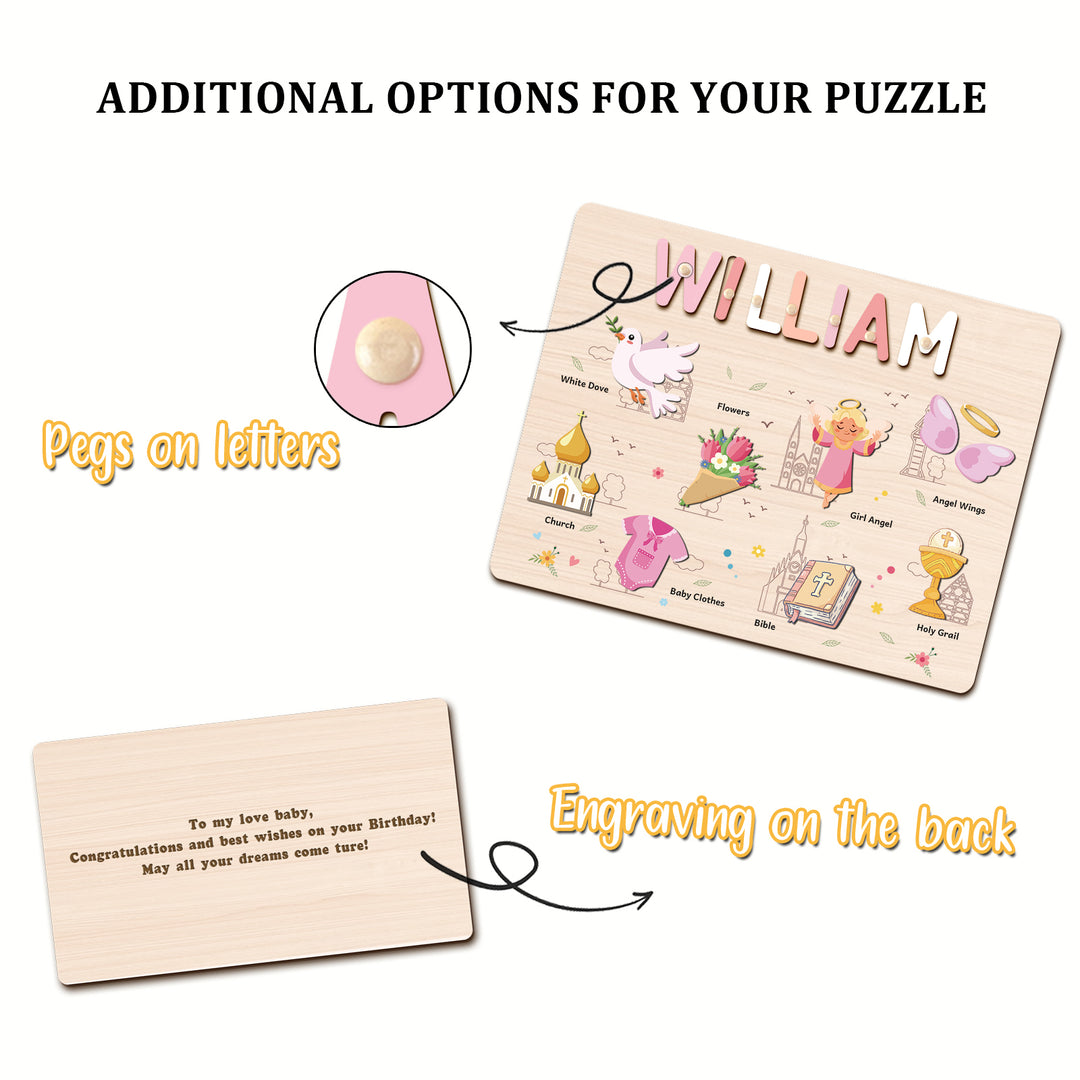 Personalized Wooden Name Puzzle - Baptism Girl Set for Toddlers