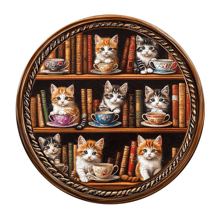 Cat Coffee Library Wooden Jigsaw Puzzle