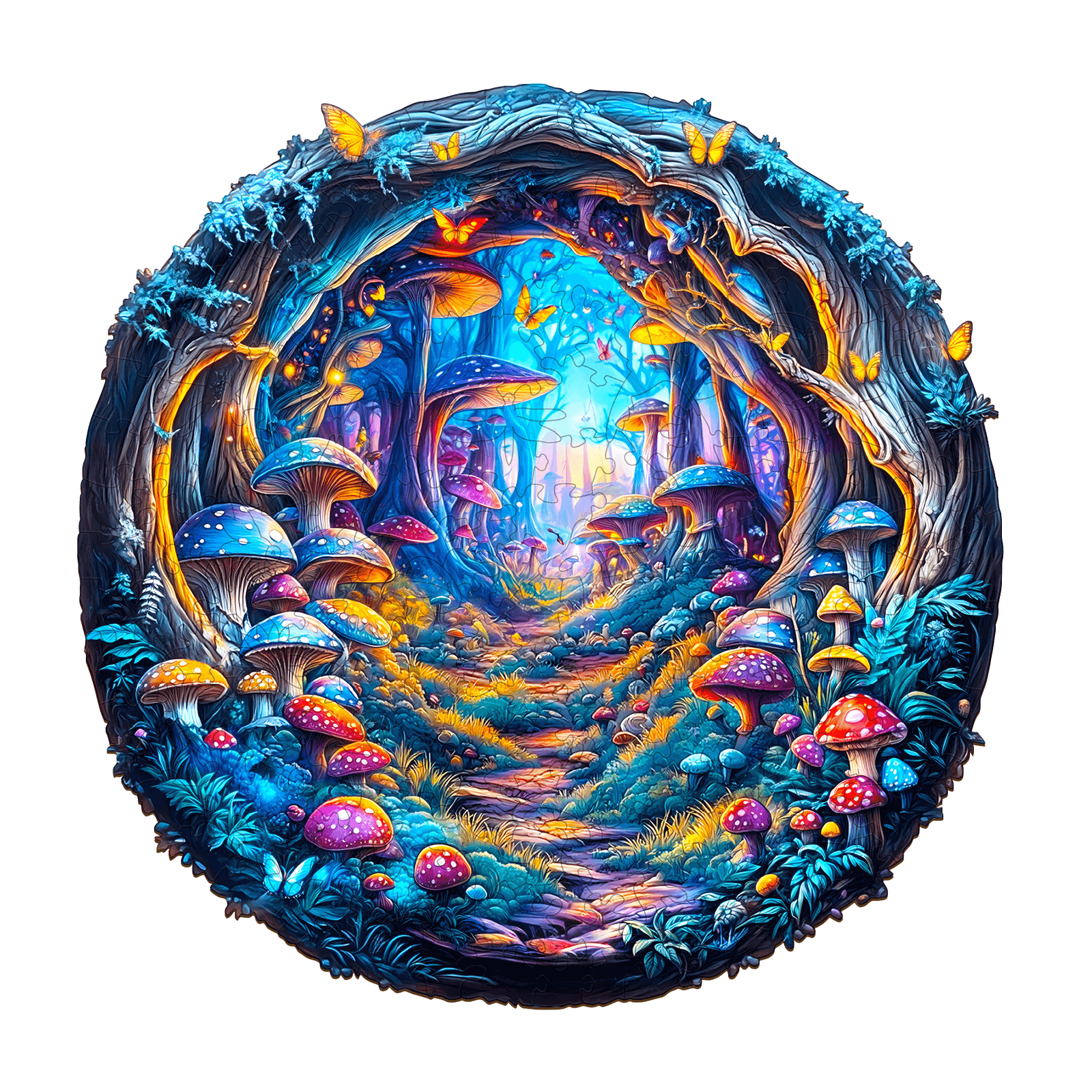 Colorful 3D Magic Mushroom wooden jigsaw puzzle featuring a whimsical forest scene with vibrant mushrooms and butterflies.