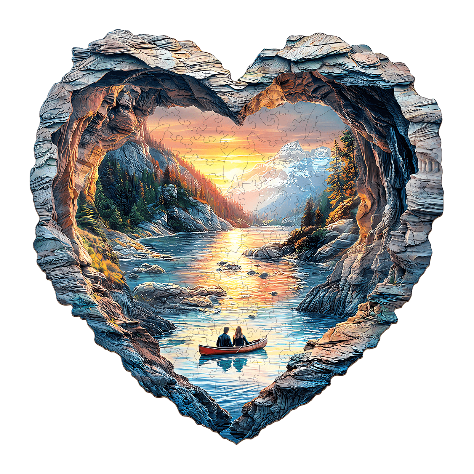 3D Lake Louise wooden puzzle in heart shape featuring scenic river and mountains, perfect for puzzle enthusiasts and brain games.