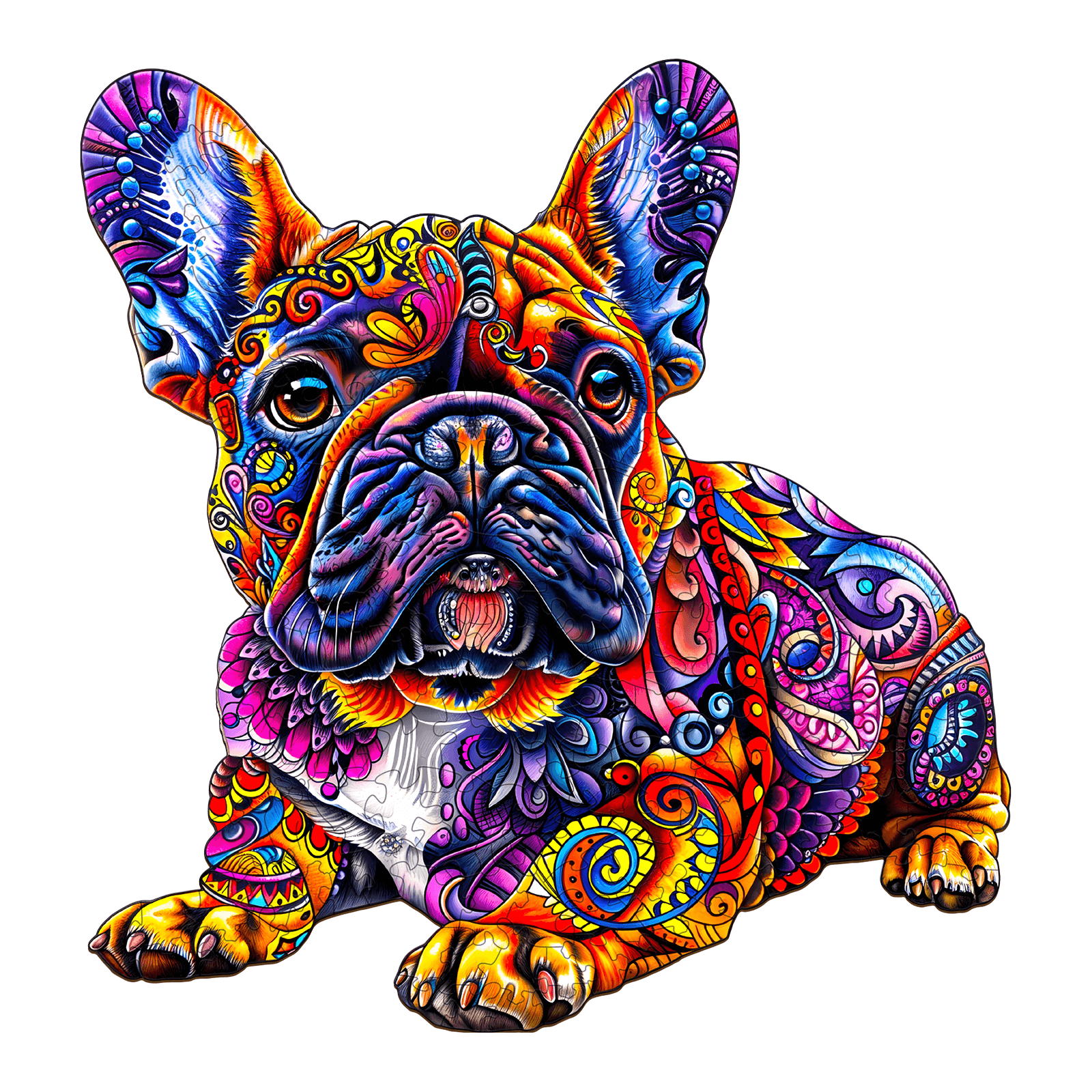Colorful patterned French Bulldog wooden jigsaw puzzle for puzzle lovers; enhances focus and cognitive skills.
