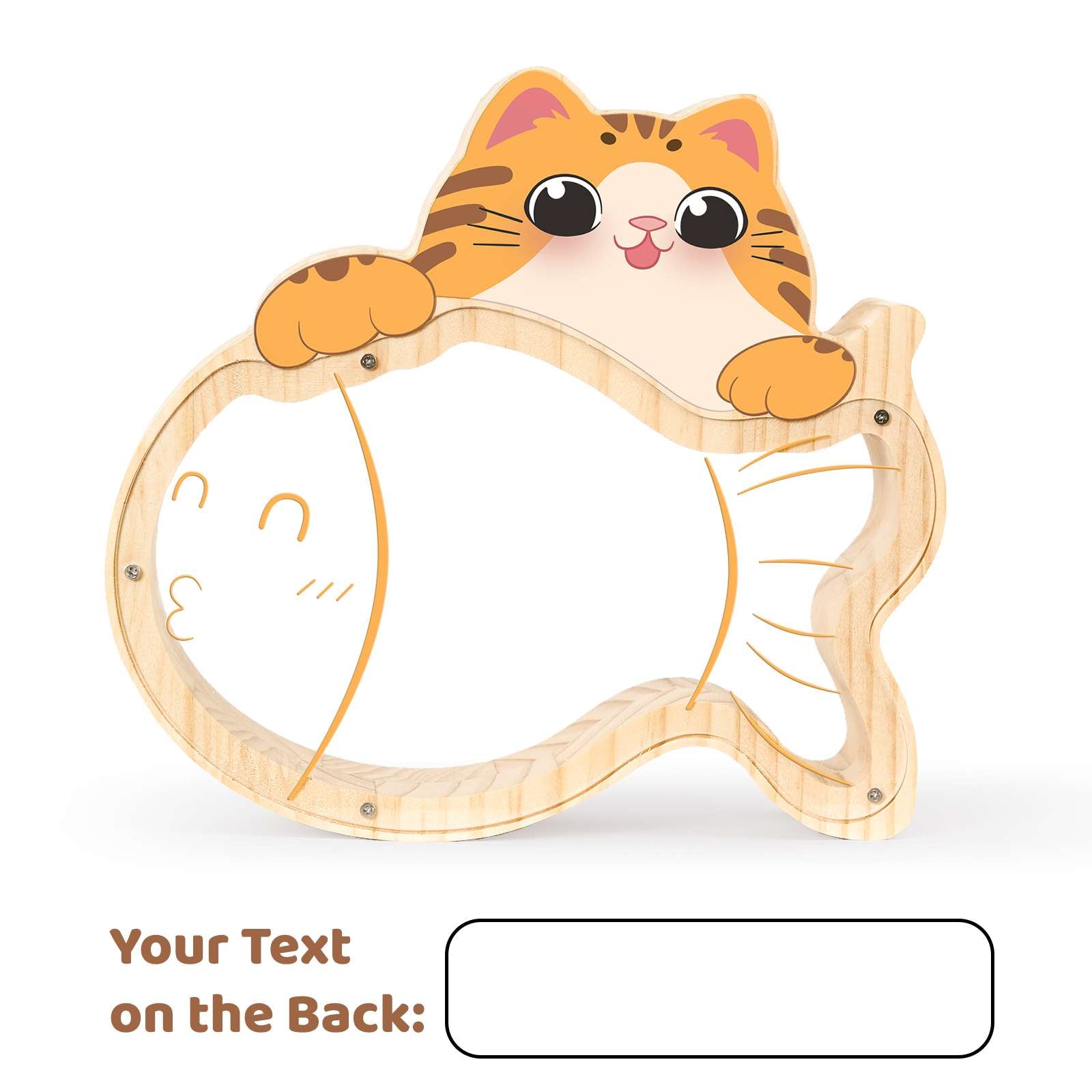 Customized kitten-shaped piggy bank with cute fish design, made from renewable wood and acrylic.