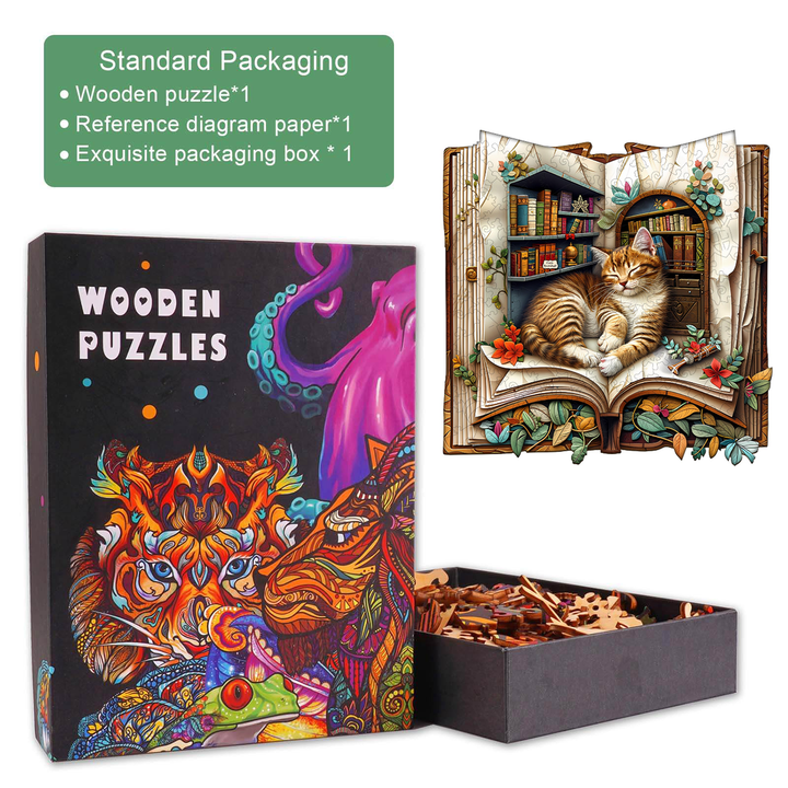 Katze im Buch Holzpuzzle