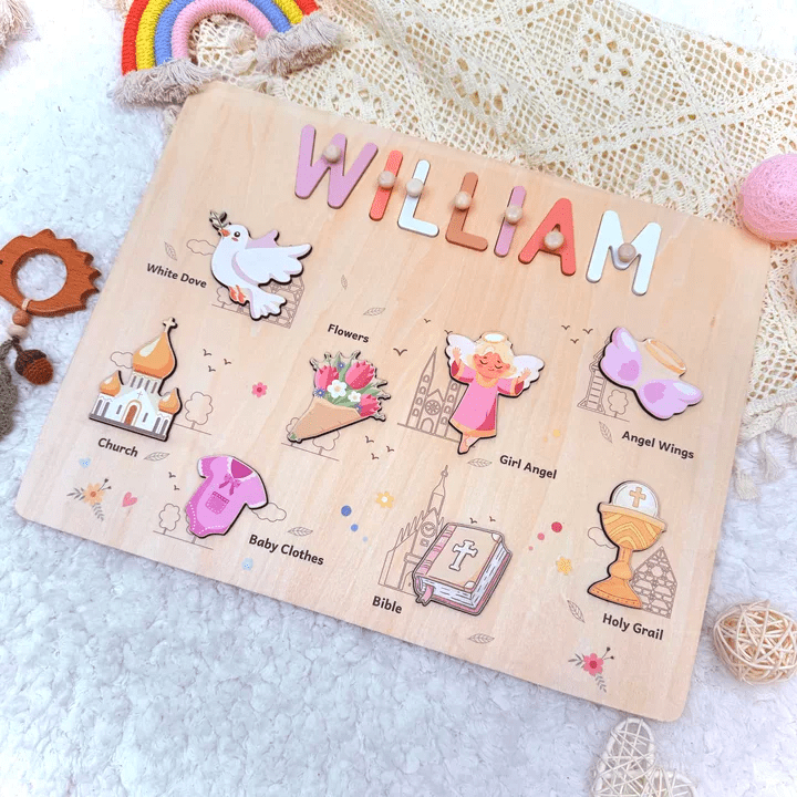 Personalized Wooden Name Puzzle - Baptism Girl Set for Toddlers
