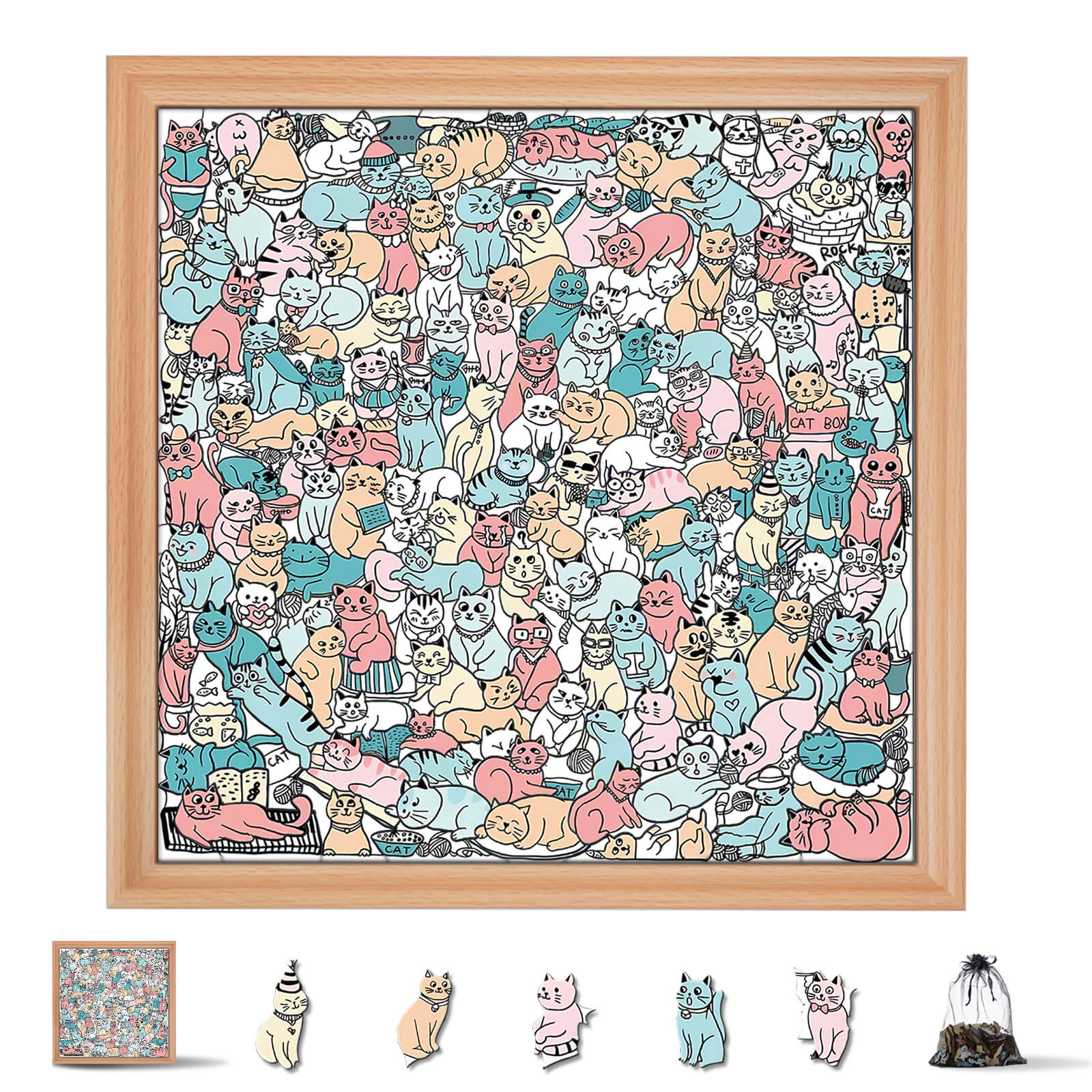 Puzzle carré en bois 175 pièces couleur Morandi en forme de chat mignon