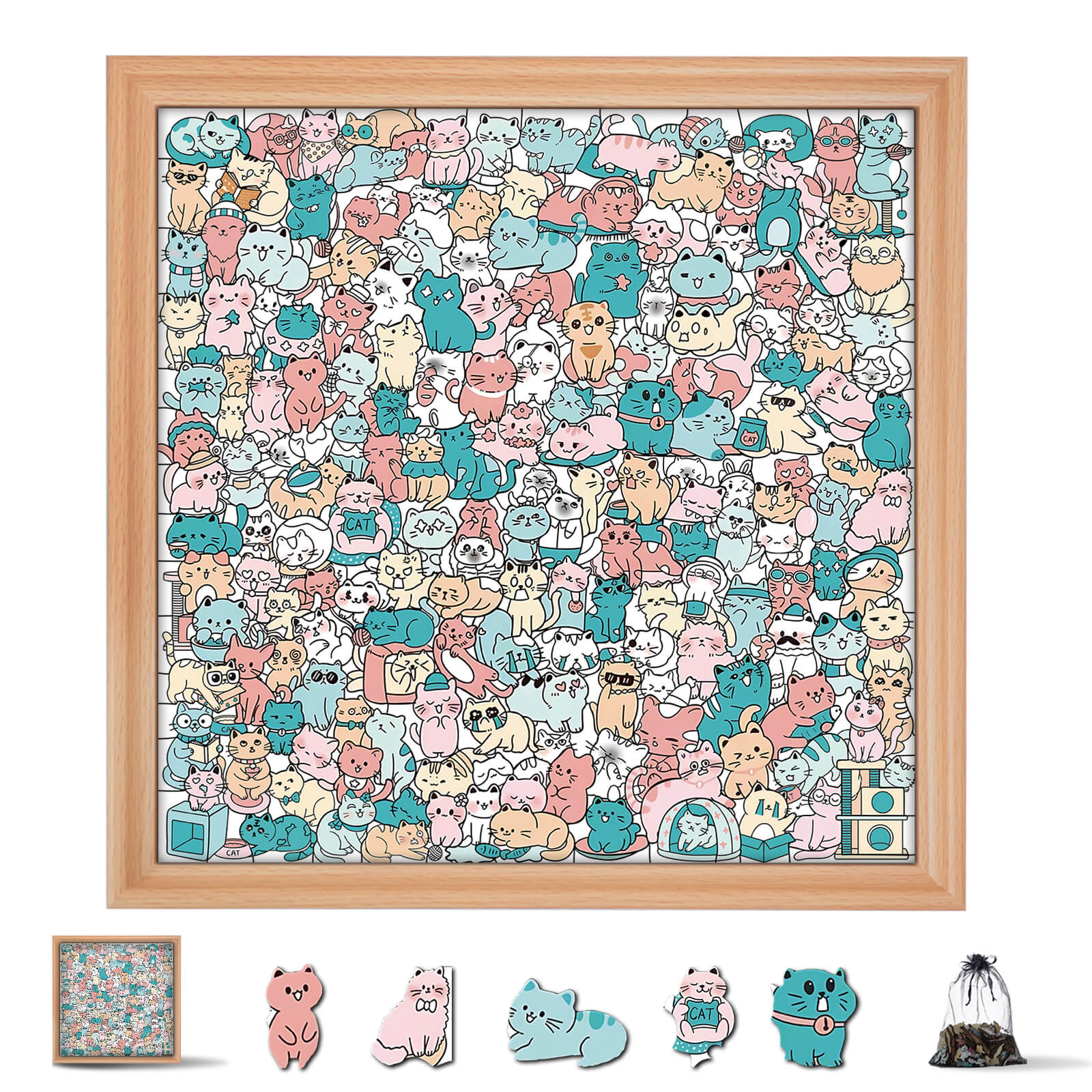Puzzle carré en bois 200 pièces couleur Morandi en forme de chat adorable