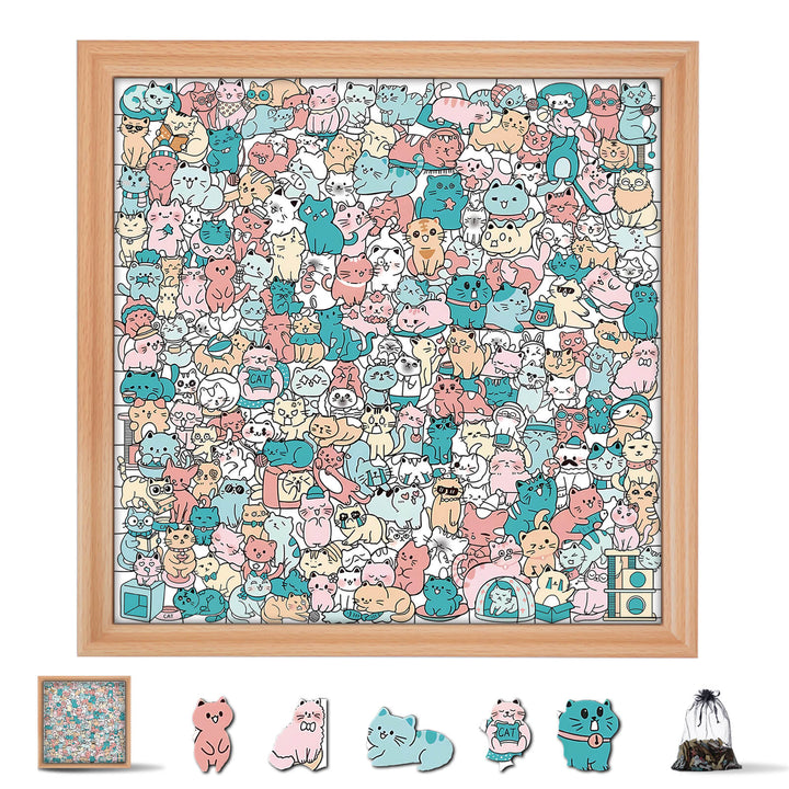 200 Pcs Morandi-Colored Lovely Cat Shaped Square Wooden Jigsaw Puzzle